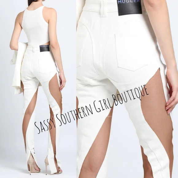 ⭐🆕MUGLER jeans ivory tan sheer panel mesh jeans